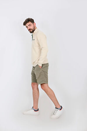 Kontrast Fermuarlı Dik Yaka Sweatshirt , Şardonlu 3 İplik , Göğüs Nakış Detaylı,Sweatshirt Erkek