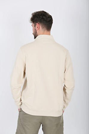 Kontrast Fermuarlı Dik Yaka Sweatshirt , Şardonlu 3 İplik , Göğüs Nakış Detaylı,Sweatshirt Erkek