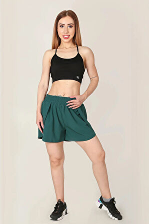 Yeşil 2in1 Taytlı Spor Şort, Fitness Şortu, Antrenman Şortu,Koşu Şort