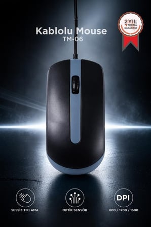 Özel Üretim Ofis Çalışma Büro Mouse Optik Kablolu Fare TM06 Gri