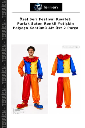 Özel Seri Festival Kıyafeti Parlak Saten Renkli Yetişkin Palyaço Kostümü Alt Üst 2 Parça