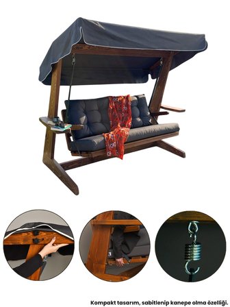 Aida Swings Viva 2200 3 Kişilik Ahşap Bahçe Salıncağı, Balkon ve Teras Salıncağı, Kanepe Özellikli/Antrasit