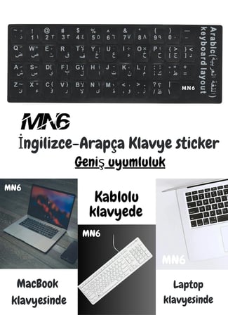 MN6 MAP01 Arapça İngilizce Klavye Sticker 3 Adet Laptop PC Uyumlu Silinmez Yapışkanlı Harf Etiketi