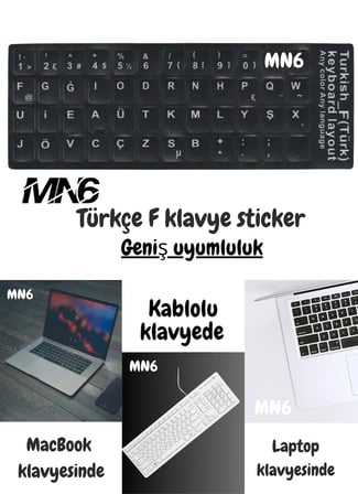 MN6 MF01 Türkçe F Klavye Sticker 3 Adet Laptop PC Uyumlu Silinmez Yapışkanlı Klavye Etiketi