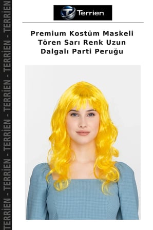 Premium Kostüm Maskeli Tören Sarı Renk Uzun Dalgalı Parti Peruğu