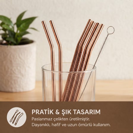 Özel Seri Sunum Aksesuarı İçecek Takımı Pipet Paslanmaz Çelik Şık Metal 6'lı Kaşıklı Pipet