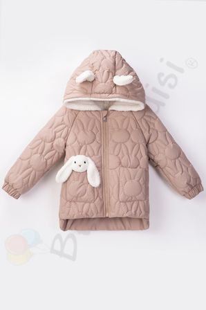 YENİ Tavşanlı Fermuarlı İçi Kürklü Peluş Cepli Kapüşonlu Şişme Kar Kışlık Kız Bebek Mont Çocuk Kaban