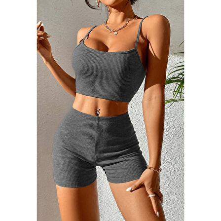 Kadın Antrasit Gri Şortlu Kaşkorse Gecelik Takım