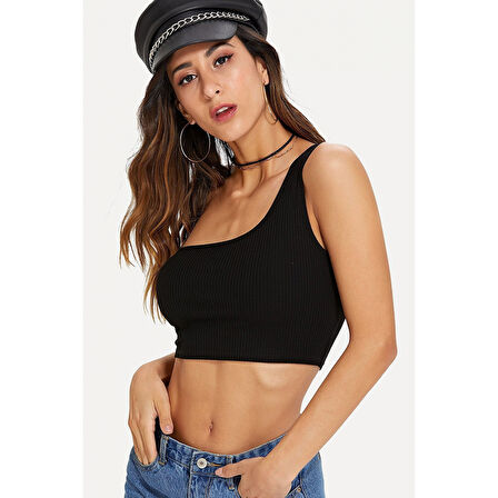 Kadın Siyah Tek Omuz Crop Büstiyer