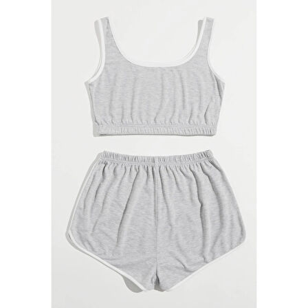 Kadın Gri Askılı Crop Top Ve Şortlu Gecelik Takım