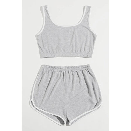 Kadın Gri Askılı Crop Top Ve Şortlu Gecelik Takım