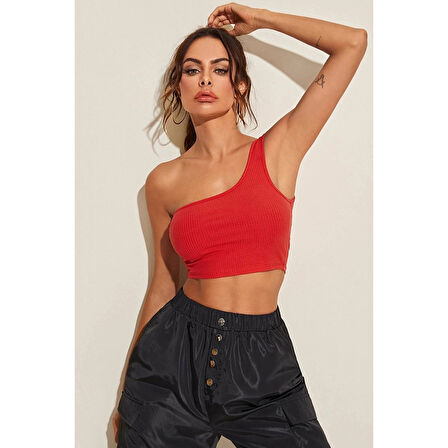 Kadın Kırmızı Tek Omuz Crop Büstiyer