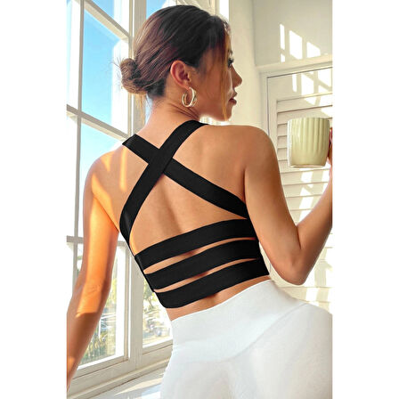 Kadın Siyah Sırtı Çapraz Lastik Detaylı Crop Top Bluz