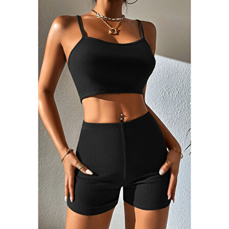 Kadın Siyah Şortlu Kaşkorse Gecelik Takım