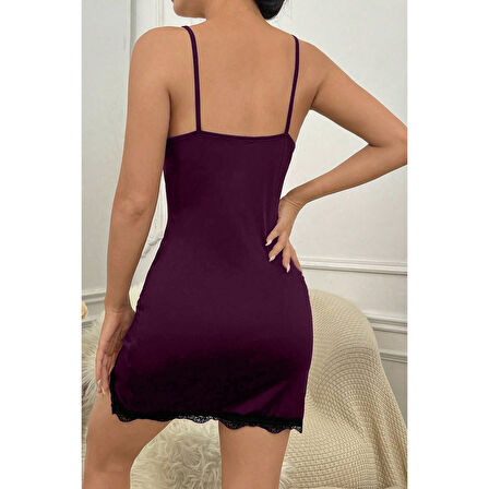 Kadın Mor Göğsü Ve Bacakları Dantelli Yırtmaçlı Şık Gecelik