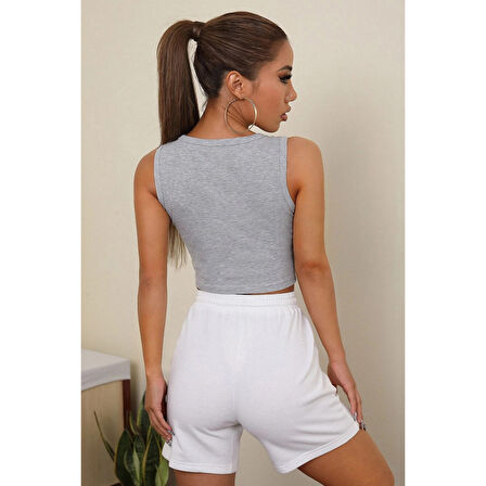 Kadın Gri Kare Yaka Crop Top Bluz