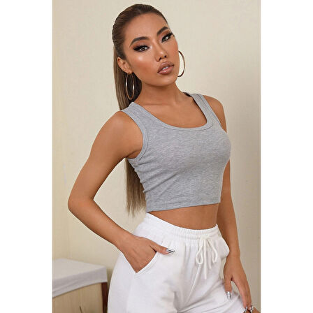 Kadın Gri Kare Yaka Crop Top Bluz