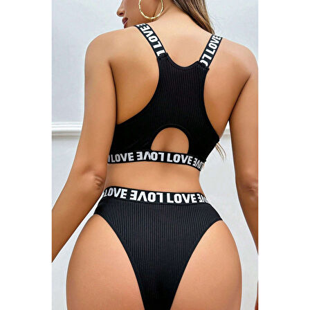 Kadın Siyah Çapraz Sırt Ve Love Lastik Detaylı Sütyen Külot Takım