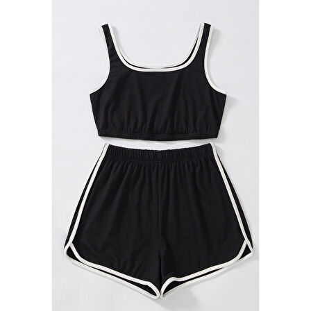 Kadın Siyah Askılı Crop Top Ve Şortlu Gecelik Takım