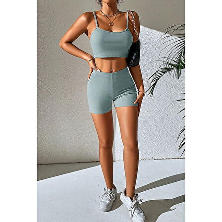 Kadın Açık Mavi Şortlu Kaşkorse Gecelik Takım