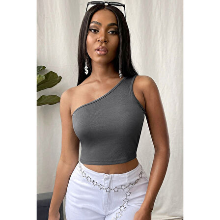 Kadın Koyu Gri Tek Omuz Crop Büstiyer