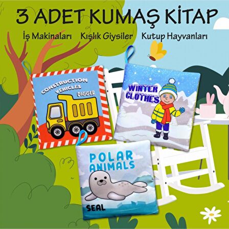 3 Kitap Tox İngilizce İş Makinaları , Kışlık Giysiler ve Kutup Hayvanları Kumaş Sessiz Kitap E118 E124 E125 - Bez Kitap