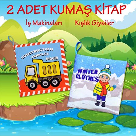 2 Kitap Tox İngilizce Kışlık Giysiler ve İş Makinaları Kumaş Sessiz Kitap E124 E132 - Bez Kitap , Eğitici Oyuncak , Yumuşak ve Hışırtılı