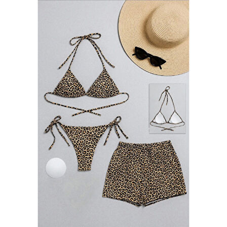 MARSiLYAN- Kadın 3'lü Set Leopar Desenli Şortlu ve Yandan Bağlamalı Bikini Mayo Takımı