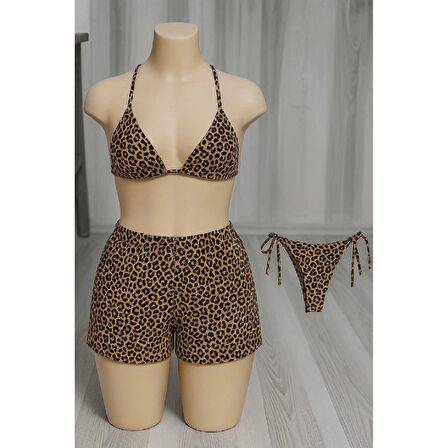 MARSiLYAN- Kadın 3'lü Set Leopar Desenli Şortlu ve Yandan Bağlamalı Bikini Mayo Takımı