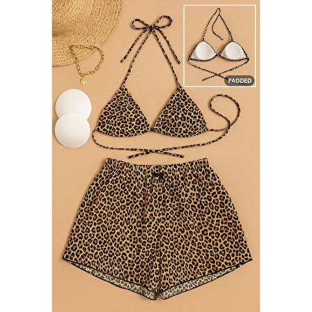 MARSiLYAN- Kadın 3'lü Set Leopar Desenli Şortlu ve Yandan Bağlamalı Bikini Mayo Takımı