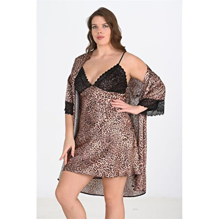 MARSiLYAN- Büyük Beden 2li Leopar Sabahlık Takımı Bigsize 6203