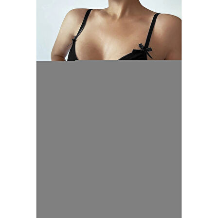 Kadın Siyah Askılı Beli Dantelli Göğsü Fiyonklu Şık Gecelik