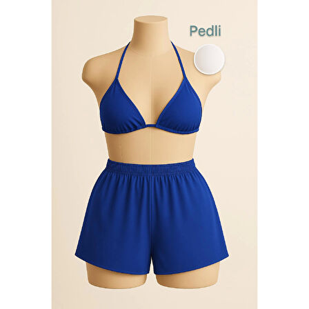 MARSiLYAN- Kadın Mavi Şortlu Belden ve Boyundan Bağlamalı Bikini Takımı