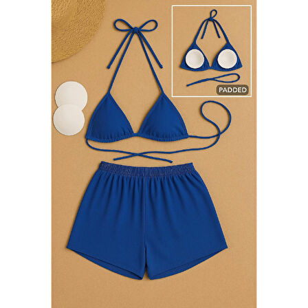 MARSiLYAN- Kadın Mavi Şortlu Belden ve Boyundan Bağlamalı Bikini Takımı