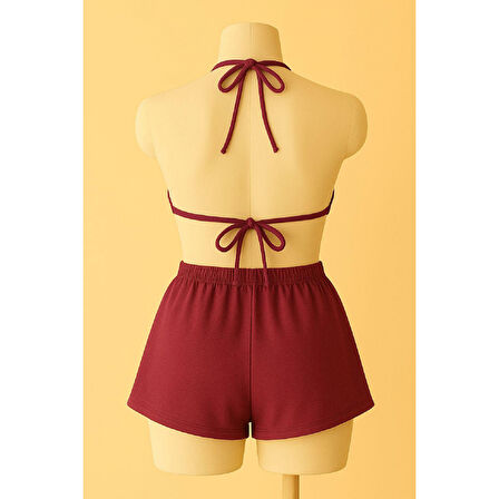 Kadın Bordo Şortlu Belden Ve Boyundan Bağlamalı Bikini Takımı