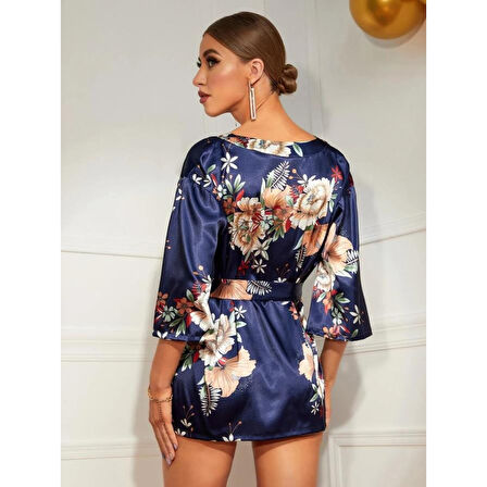 MARSiLYAN- Çiçek Desenli Mavi Mini Saten Gecelik Sabahlık