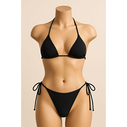 Kadın Siyah Yandan Ve Boyundan Bağlamalı Bikini Mayo Takımı
