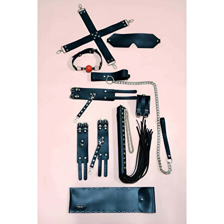 MARSİLYAN- Fantezi Kırbaç Kelepçe Set 7'li Takım, El-Ayak Kelepçesi, Maske - APFT1310