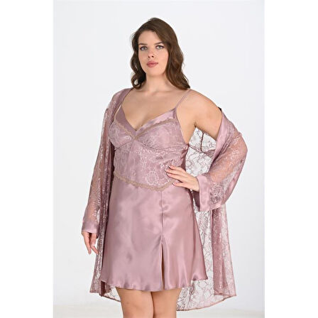 MARSiLYAN- Büyük Beden 2li Vizon Sabahlık Takımı Bigsize 6205