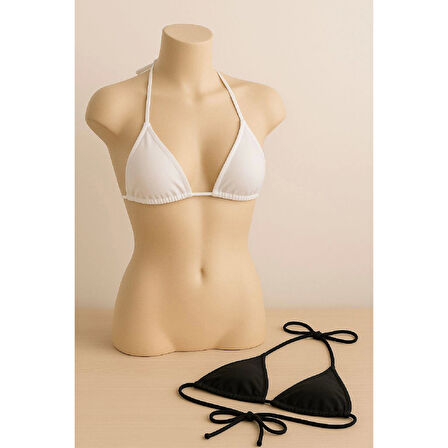 MARSiLYAN- Kadın Siyah ve Beyaz Minimal Kesim Üçgen Bikini Üstü