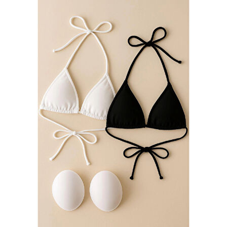 MARSiLYAN- Kadın Siyah ve Beyaz Minimal Kesim Üçgen Bikini Üstü