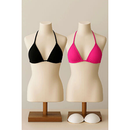 MARSiLYAN- Kadın Siyah ve Fuşya Minimal Kesim Üçgen Bikini Üstü
