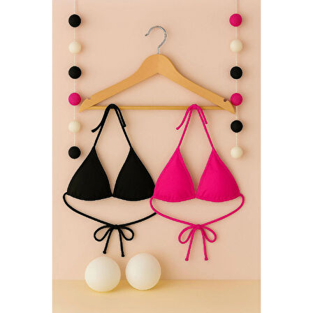 MARSiLYAN- Kadın Siyah ve Fuşya Minimal Kesim Üçgen Bikini Üstü
