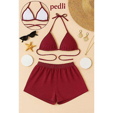 Kadın Bordo Şortlu Belden Ve Boyundan Bağlamalı Bikini Takımı