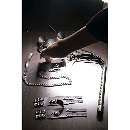 MARSİLYAN- Siyah Fantezi Set, Kırbaç - Kelepçe - Tasma - Maske Takım - APFT1246