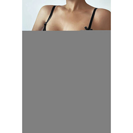 Kadın Siyah Askılı Beli Dantelli Göğsü Fiyonklu Şık Gecelik