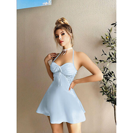 MARSiLYAN- Dantel İşlemeli Boyundan Bağlamalı Mavi Saten Gecelik