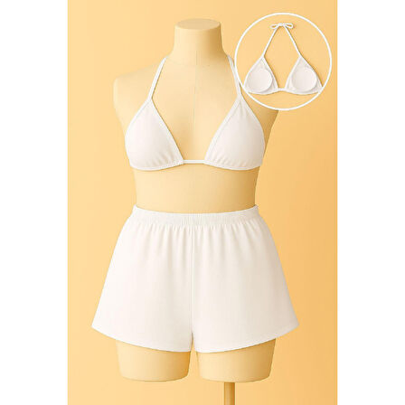 Kadın Beyaz Şortlu Belden Ve Boyundan Bağlamalı Bikini Takımı