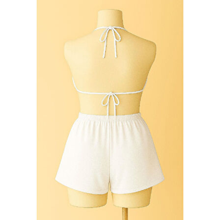 Kadın Beyaz Şortlu Belden Ve Boyundan Bağlamalı Bikini Takımı