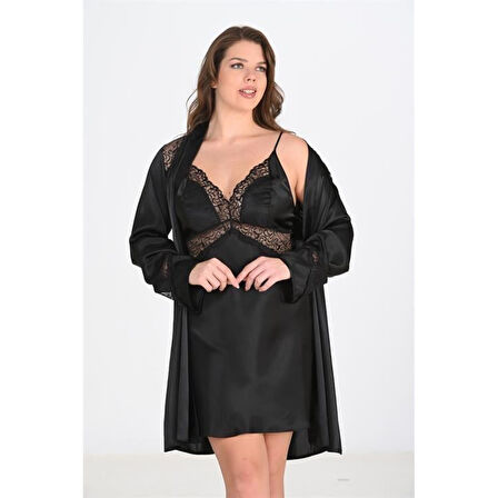 MARSiLYAN- Büyük Beden 2li Siyah Sabahlık Takımı Bigsize